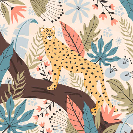 Tropical cheetah background, hand drawn illustrations.のイラスト素材