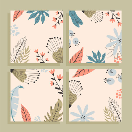 Tropical square cards set with empty space for text, hand drawn illustrations.のイラスト素材