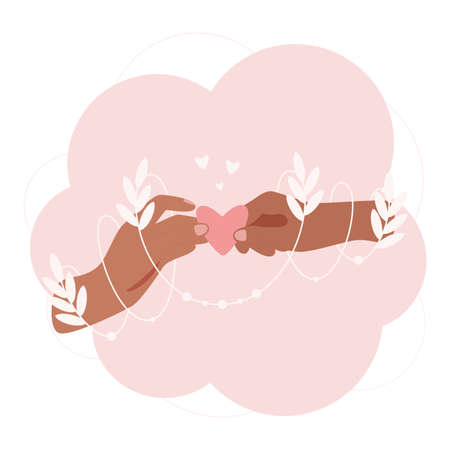 Two hands share holding a heart. An abstract leafy sprout entwines their arms. In love concept illustration.のイラスト素材