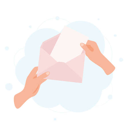 Hands holding envelope with blank paper letter with empty space for text. Receiving mail concept. Vector illustration.のイラスト素材
