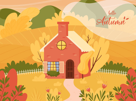 Golden fall season. Autumn landscape scene with farm cottage house. Fields and hills. Hello Autumn lettering. Vector illustration.のイラスト素材
