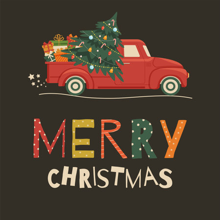 Merry Christmas card with festive lettering and vintage red truck with pine tree and giftsのイラスト素材