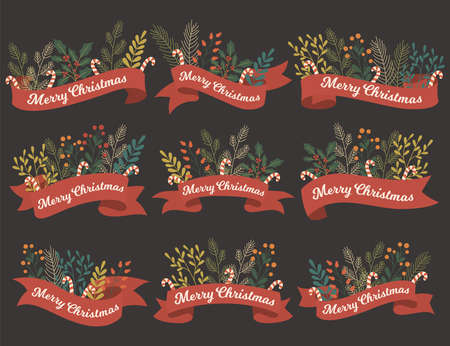 Set of nine Christmas floral foliage red ribbons greetingsのイラスト素材
