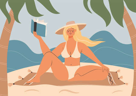 Woman reads sitting by the sea. Self time concept illustrationのイラスト素材