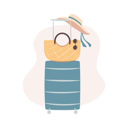 Suitcase with straw bag and a hat. Travel concept illustration.のイラスト素材