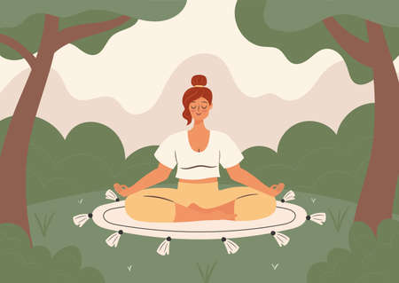 Woman meditates on a meadow in the park. Self time concept illustrationのイラスト素材