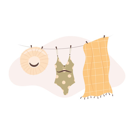 Straw hat, swimsuit and a towel hanging on the rope. Beach summer days illustration.のイラスト素材