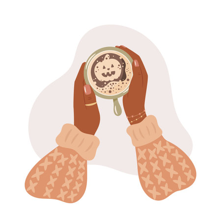 Latte Art Halloween Pumpkin design. Woman hands holds mug with coffee.のイラスト素材