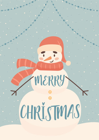 Happy Christmas greeting card with cute cartoon snownan character and abstract winter background. Vectorのイラスト素材