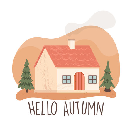 Golden fall season. Autumn landscape scene with farm cottage house. Hello Autumn. Vector illustrationのイラスト素材