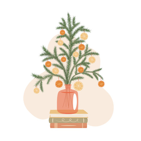 Spruce branches in a glass vase decorated with oranges and lemon slices. Vector illustrationのイラスト素材