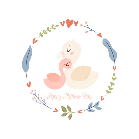 Mama Swan with baby. Happy Mothers day greeting card concept.のイラスト素材