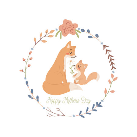 Mama Fox with baby. Happy Mothers day greeting card concept.のイラスト素材