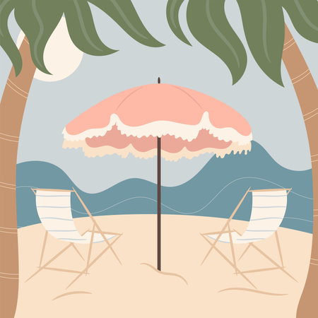 Summer beach days. Sun beds and umbrella on the beach. Vector illustrationのイラスト素材
