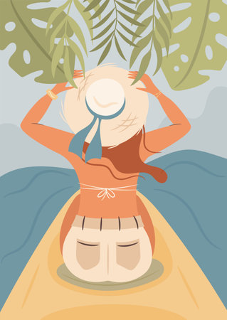 Woman kayaking. Summer water sport. Vector illustration.のイラスト素材