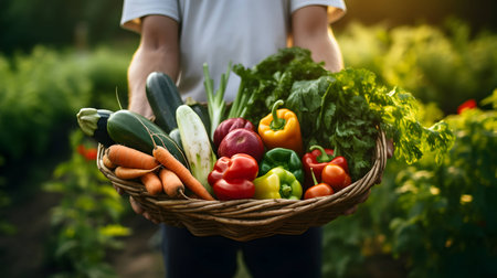 Farmer holds basket with organic vegetables. AI generated imageの素材