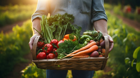 Farmer holds basket with organic vegetables. AI generated imageの素材