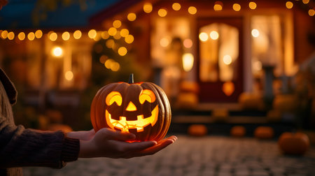 Halloween pumpkin lantern in womans hand. AI generated imageの素材