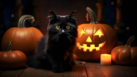 Halloween cute black cat and pumpkin lanterns. AI generated imageの素材
