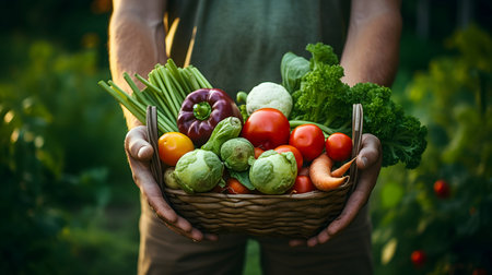 Farmer holds basket with organic vegetables. AI generated imageの素材