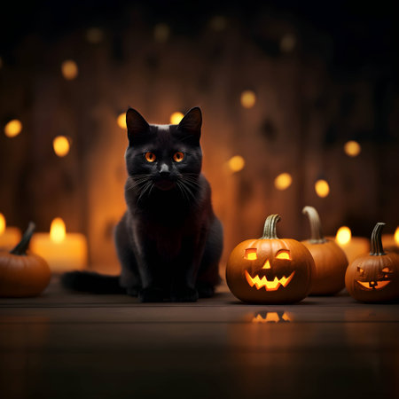 Halloween cute black cat and pumpkin lanterns. AI generated imageの素材