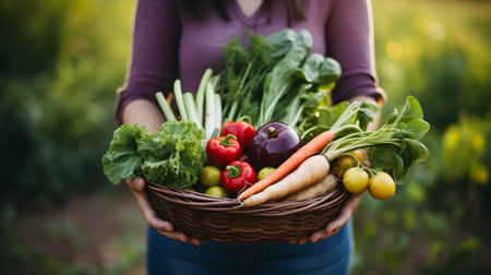 Woman farmer holds basket with organic vegetables. AI generated imageの素材