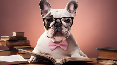 Cute french bulldog professor wearing glasses  with pile of books. AI generated image.の素材
