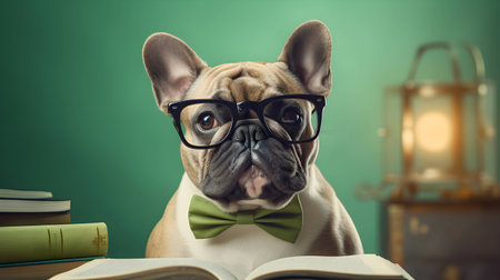 Cute french bulldog student wearing glasses, with pile of books. AI generated image.の素材