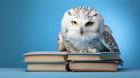 Cute white owl with pile of books. Back to school concept. AI generated image.の素材