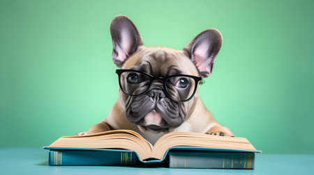 Cute french bulldog student wearing glasses, with pile of books. AI generated image.の素材
