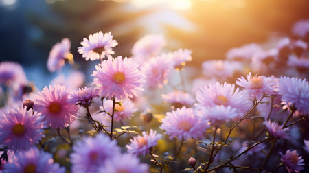 Blossoming pink and purple aster flowers garden. AI generated imageの素材