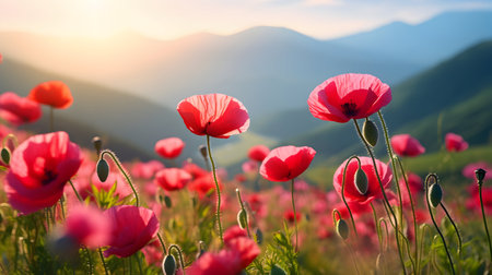 Field of blossoming poppy flowers in the mountains. AI generated image.の素材
