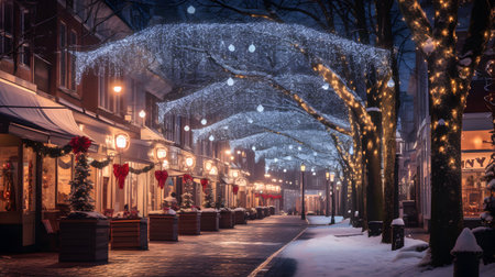 Empty street decorated for Christmas. Winter wonderland. AI generated imageの素材