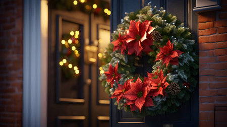 Christmas spruce and poinsettia wreath on the door. AI generated image.の素材