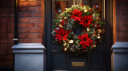 Christmas spruce and poinsettia wreath on the door. AI generated image.の素材