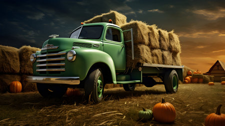 Green farmtruck with pumpkins and hay. AI generated image.の素材