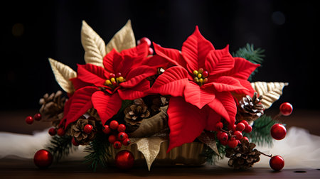 Christmas decoration with poinsettia and pine arrangement. AI generated image.の素材