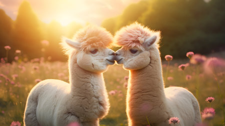 Super cute alpacas couple in love. Happy Valentine's day concept. AI generated image.の素材