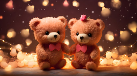Super cute Teddy bears couple in love. Happy Valentine's day concept background. AI generated image.の素材