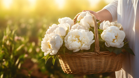 Woman holding a wooden basket with white peony flowers. AI generated imageの素材