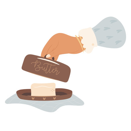 Womans hand holding butter dish. Morning breakfast concept.のイラスト素材
