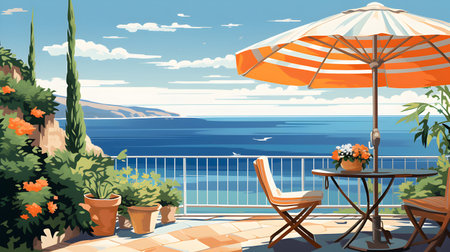 Amazing view from terrace on the beach , AI generated image in art deco styleの素材