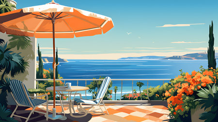Amazing view from terrace on the beach , AI generated image in art deco styleの素材
