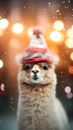Super cute alpaca in Santa hat with gift boxes. Merry Christmas greeting concept. AI generated image.の素材
