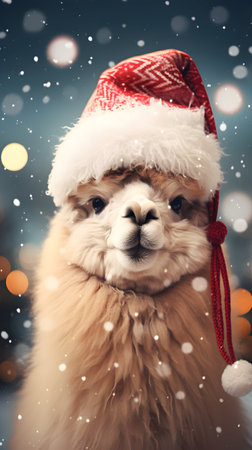 Super cute alpaca in Santa hat with gift boxes. Merry Christmas greeting concept. AI generated image.の素材