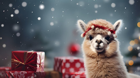 Super cute alpaca in Santa hat with gift boxes. Merry Christmas greeting concept. AI generated image.の素材