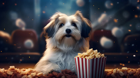 Super cute dog watching movie in the cinema. AI generated image.の素材
