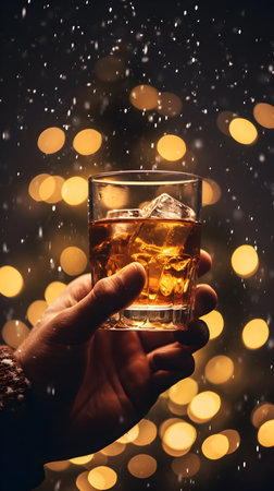 Man hand holding glass of whisky scotch with ice. AI generated image.の素材