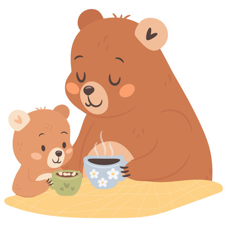 Cute cartoon tea time mama bear with kid illustration for Mothers dayのイラスト素材