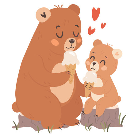Cute cartoon mama bear eating ice cream with kid illustration for Mothers dayのイラスト素材